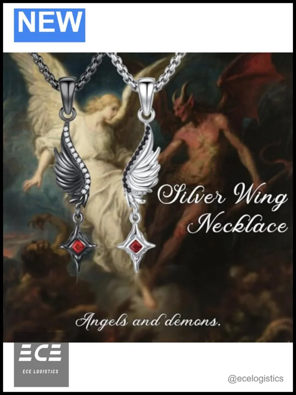 925 Sterling Silver Angel Wing Pendant Necklace Set with Zircon for Couples